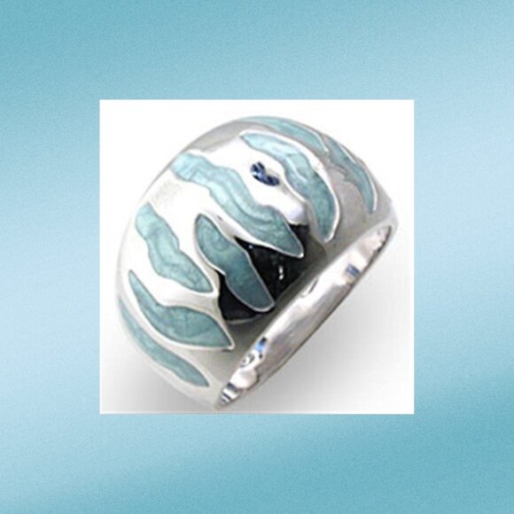 Sterling Silver Sea Blue Epoxy Striped Dome Ring - Picture 1 of 2